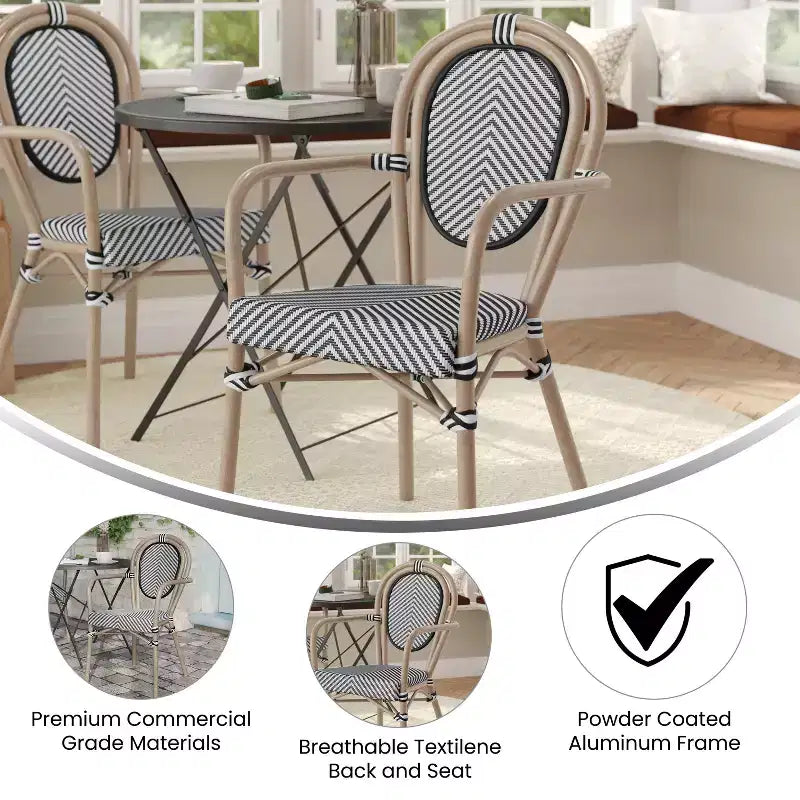 Sedia impilabile da bistrò Flash Furniture Marseille Thonet commerciale per interni/esterni con braccioli, textilene e telaio in alluminio con stampa bambù