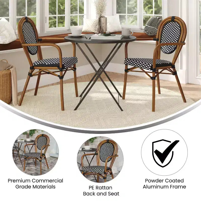 Flash Furniture Set da 2 sedie impilabili Lourdes Thonet Bistro commerciali da interno/esterno con braccioli, struttura in rattan PE e alluminio