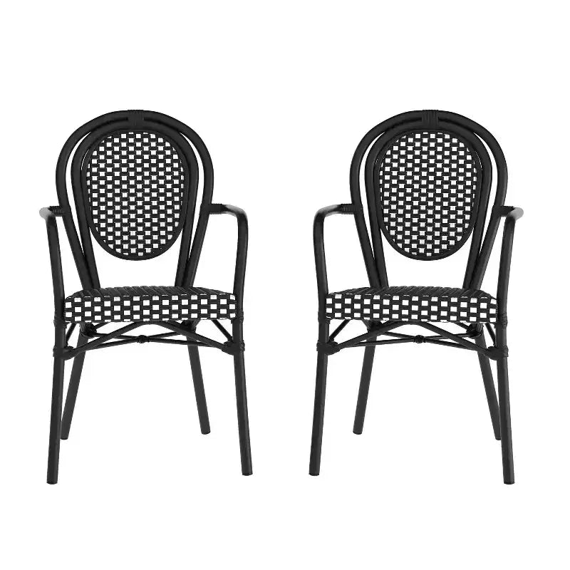 Flash Furniture Set da 2 sedie impilabili Lourdes Thonet Bistro commerciali da interno/esterno con braccioli, struttura in rattan PE e alluminio
