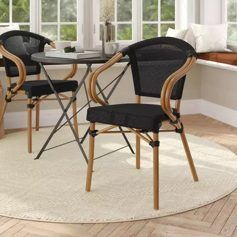 Flash Furniture Marseille Sedia impilabile da bistrò commerciale per interni/esterni con braccioli, textilene e telaio in alluminio con stampa bambù