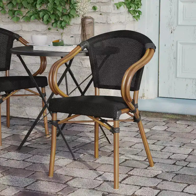 Flash Furniture Marseille Sedia impilabile da bistrò commerciale per interni/esterni con braccioli, textilene e telaio in alluminio con stampa bambù