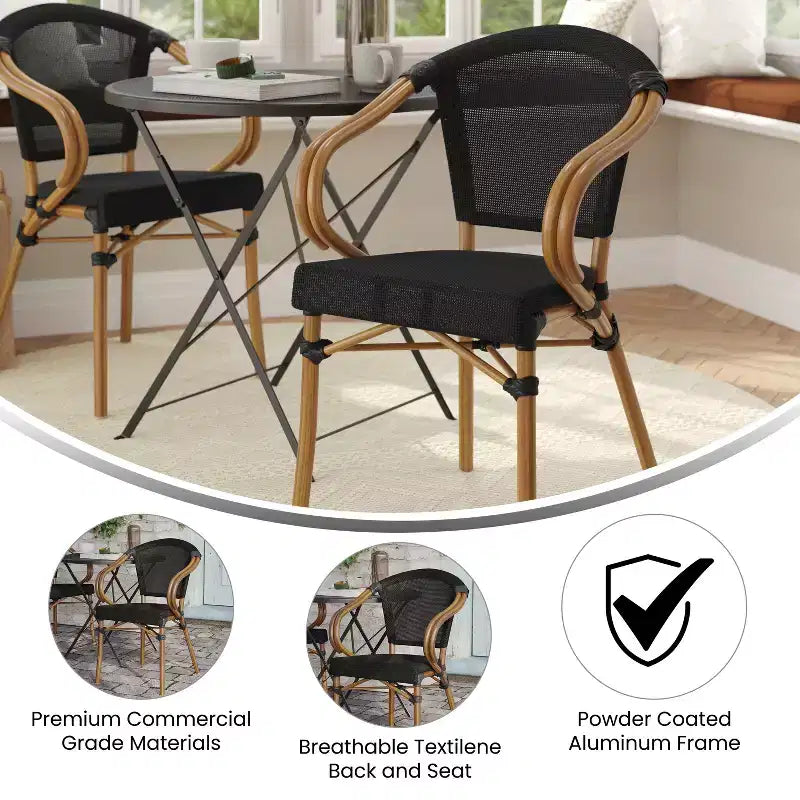 Flash Furniture Marseille Sedia impilabile da bistrò commerciale per interni/esterni con braccioli, textilene e telaio in alluminio con stampa bambù