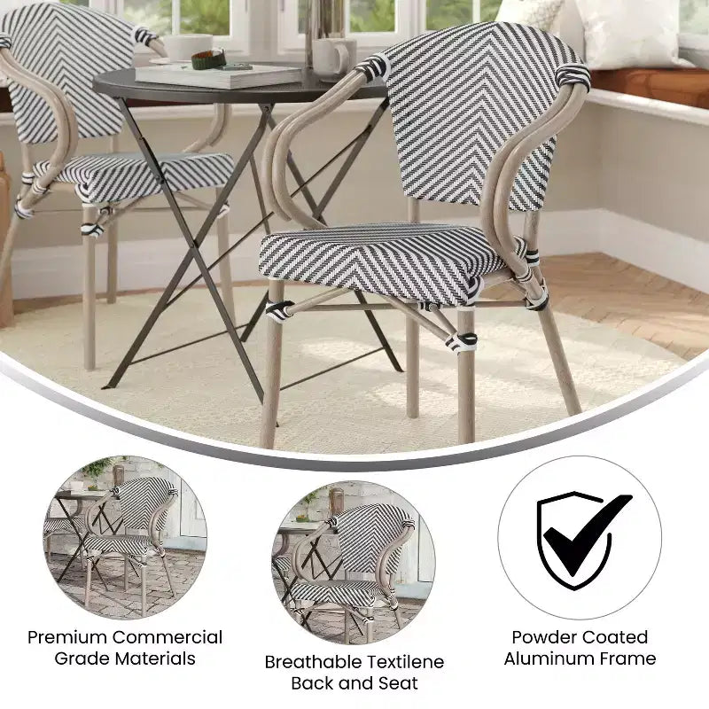 Flash Furniture Marseille Sedia impilabile da bistrò commerciale per interni/esterni con braccioli, textilene e telaio in alluminio con stampa bambù