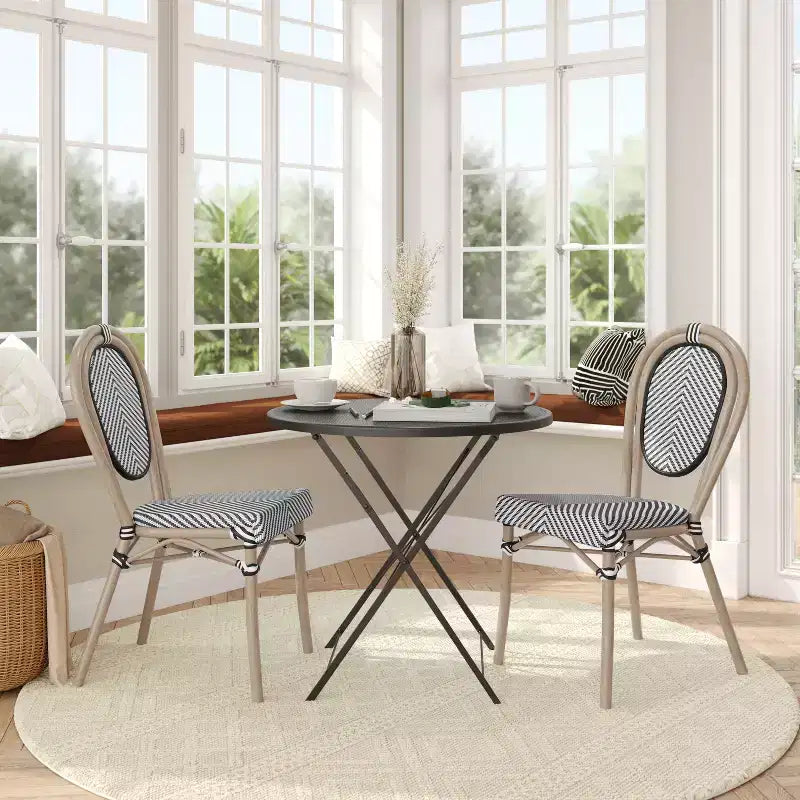 Flash Furniture Confezione da 2 Sedie Impilabili da Bistrò Thonet Commerciali per Interni/Esterni Marseille, Struttura in Alluminio con Stampa Textilene e Bambù