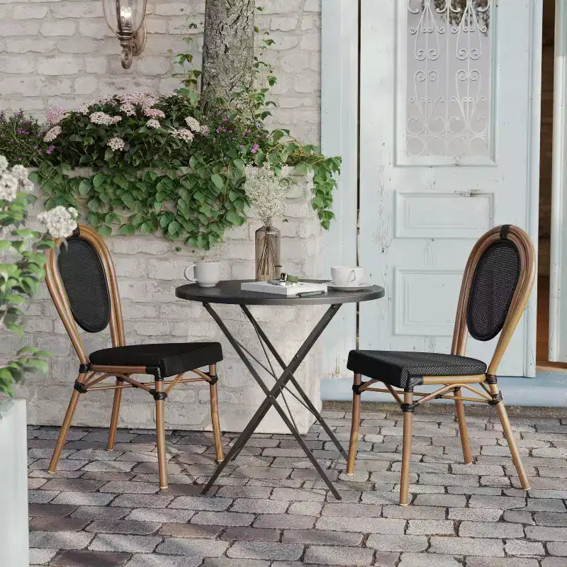 Flash Furniture Confezione da 2 Sedie Impilabili da Bistrò Thonet Commerciali per Interni/Esterni Marseille, Struttura in Alluminio con Stampa Textilene e Bambù