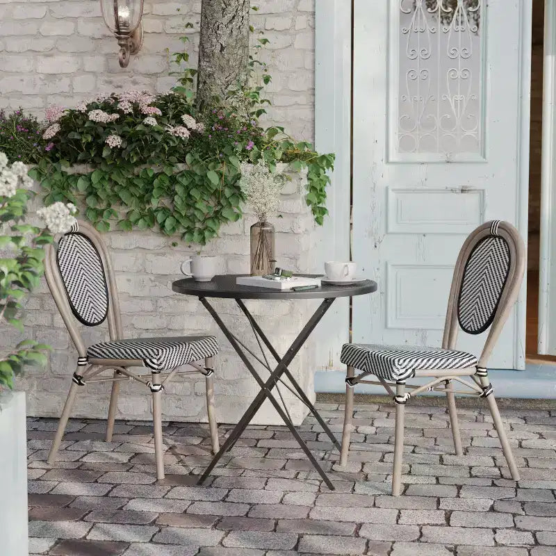 Flash Furniture Confezione da 2 Sedie Impilabili da Bistrò Thonet Commerciali per Interni/Esterni Marseille, Struttura in Alluminio con Stampa Textilene e Bambù