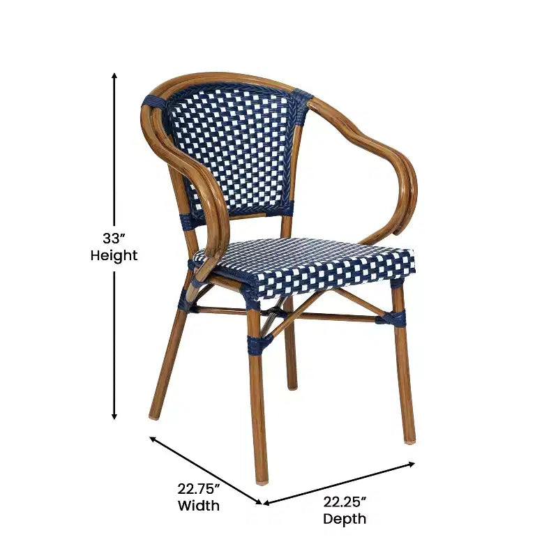 Flash Furniture Confezione da 2 Sedie Bistrò Impilabili Commerciali da Interno/Esterno Bordeaux con Braccioli, Rattan PE e Telaio in Alluminio con Stampa Effetto Bambù