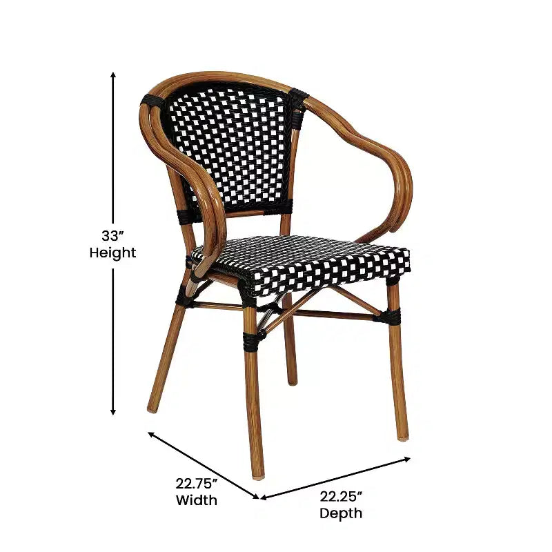 Flash Furniture Confezione da 2 Sedie Bistrò Impilabili Commerciali da Interno/Esterno Bordeaux con Braccioli, Rattan PE e Telaio in Alluminio con Stampa Effetto Bambù