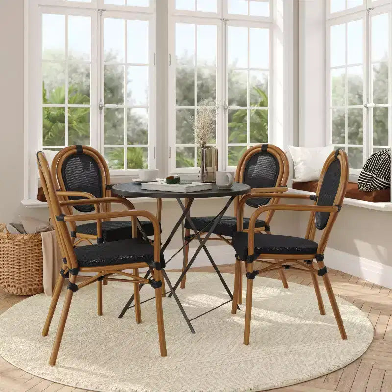 Flash Furniture Set da 4 Sedie Impilabili con Braccioli per Ristorante, da Interno/Esterno, Modello Marseille Thonet, con Telaio in Alluminio con Stampa Effetto Bambù e Textilene
