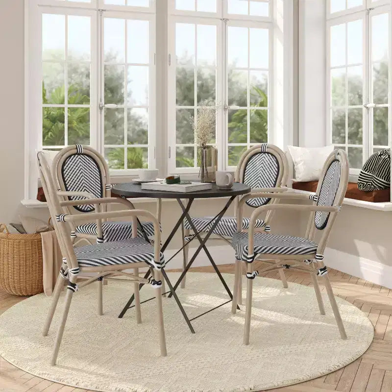 Flash Furniture Set da 4 Sedie Impilabili con Braccioli per Ristorante, da Interno/Esterno, Modello Marseille Thonet, con Telaio in Alluminio con Stampa Effetto Bambù e Textilene