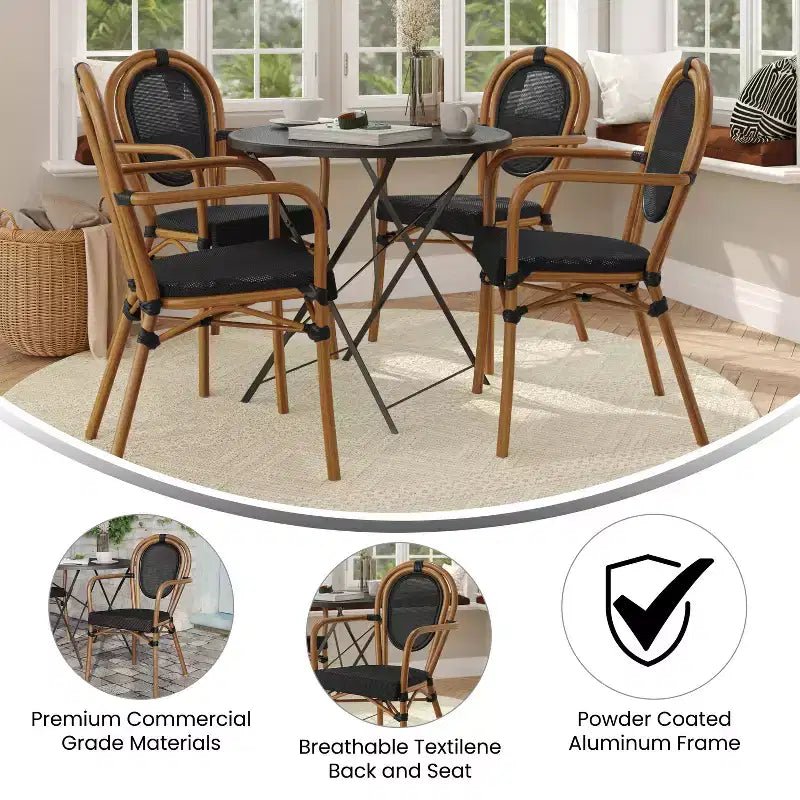 Flash Furniture Set da 4 Sedie Impilabili con Braccioli per Ristorante, da Interno/Esterno, Modello Marseille Thonet, con Telaio in Alluminio con Stampa Effetto Bambù e Textilene