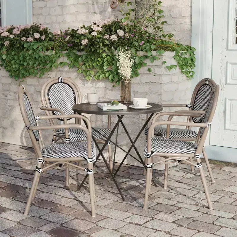 Flash Furniture Set da 4 Sedie Impilabili con Braccioli per Ristorante, da Interno/Esterno, Modello Marseille Thonet, con Telaio in Alluminio con Stampa Effetto Bambù e Textilene