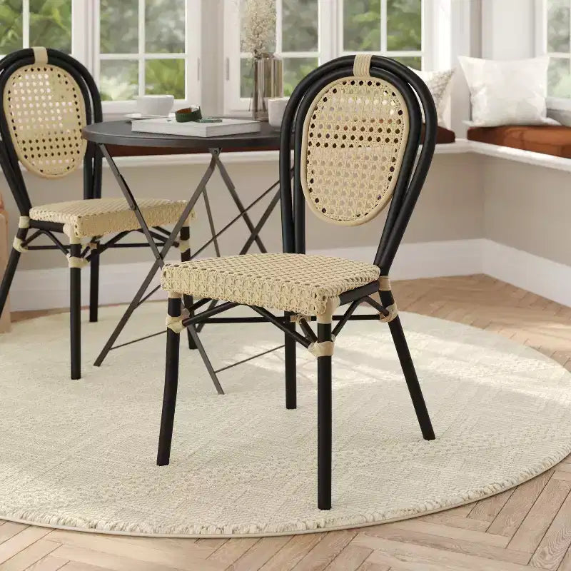 Flash Furniture Cannes Sedia impilabile da bistrò Thonet commerciale per interni/esterni, in rattan di canna PE e telaio in alluminio
