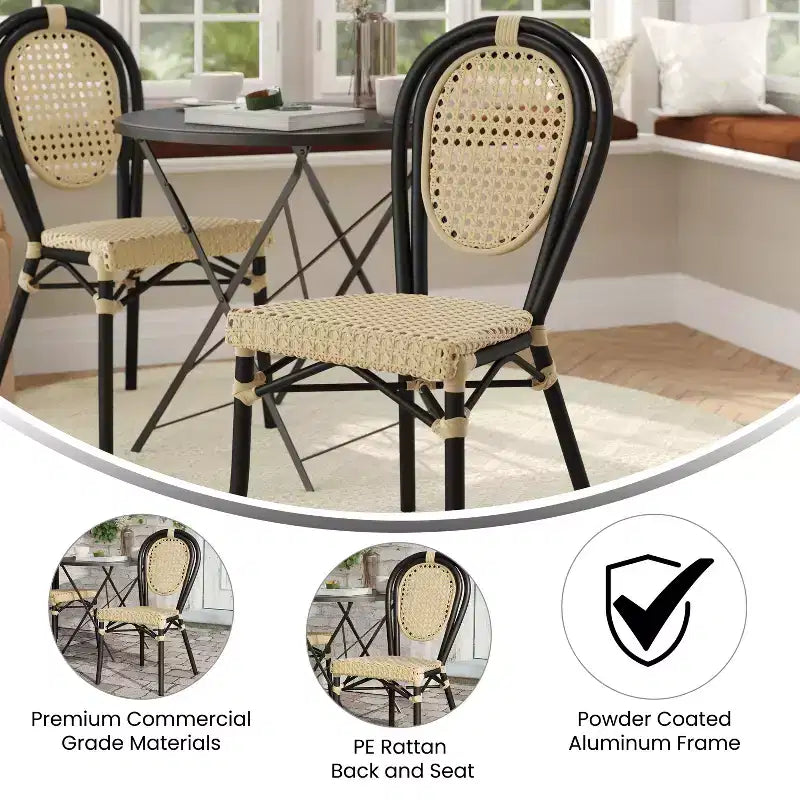 Flash Furniture Cannes Sedia impilabile da bistrò Thonet commerciale per interni/esterni, in rattan di canna PE e telaio in alluminio
