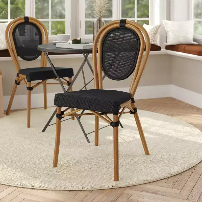 Flash Furniture Marseille Sedia Impilabile da Bistrò Commerciale per Interni/Esterni in Stile Thonet, Telaio in Alluminio con Tessuto Textilene e Stampa Bambù