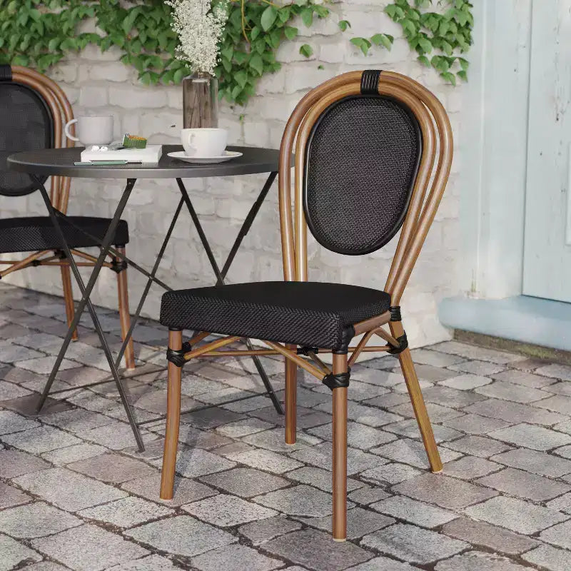 Flash Furniture Marseille Sedia Impilabile da Bistrò Commerciale per Interni/Esterni in Stile Thonet, Telaio in Alluminio con Tessuto Textilene e Stampa Bambù