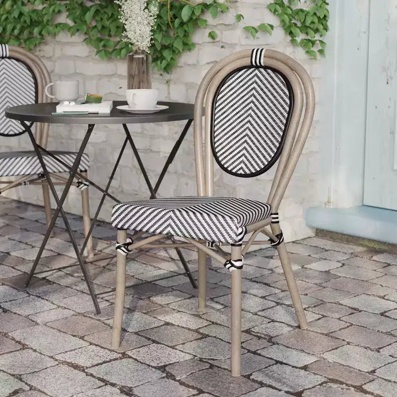 Flash Furniture Marseille Sedia Impilabile da Bistrò Commerciale per Interni/Esterni in Stile Thonet, Telaio in Alluminio con Tessuto Textilene e Stampa Bambù