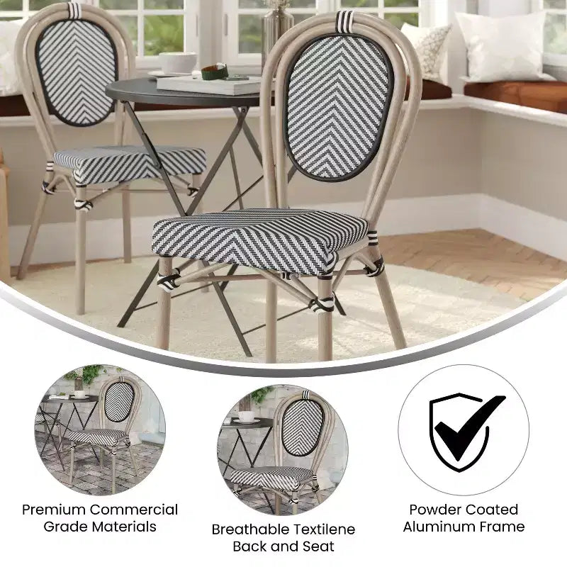 Flash Furniture Marseille Sedia Impilabile da Bistrò Commerciale per Interni/Esterni in Stile Thonet, Telaio in Alluminio con Tessuto Textilene e Stampa Bambù
