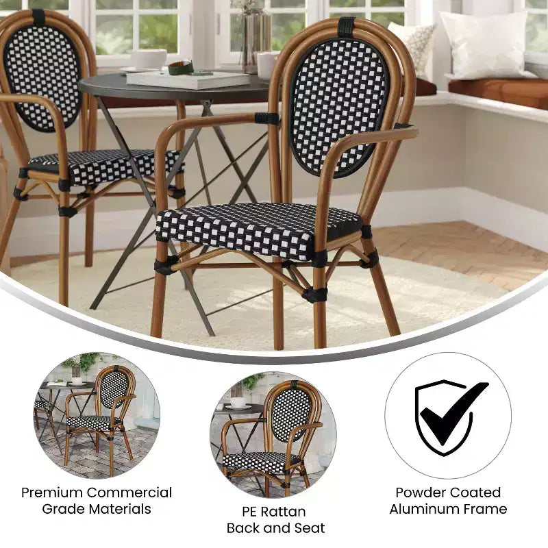 Flash Furniture Lourdes Chaise empilable de bistrot Thonet commerciale intérieure/extérieure avec accoudoirs, rotin PE et cadre en aluminium