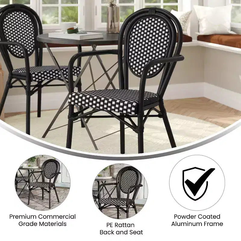 Flash Furniture Lourdes Chaise empilable de bistrot Thonet commerciale intérieure/extérieure avec accoudoirs, rotin PE et cadre en aluminium