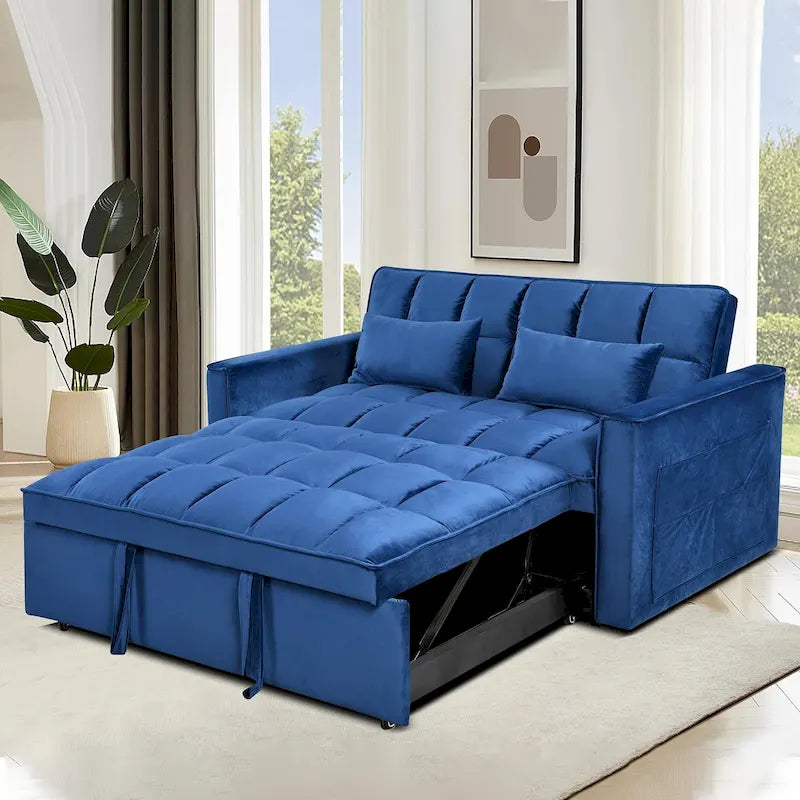 Divanetto futon moderno in velluto con schienale reclinabile e tasche, 2 posti – Grigio scuro / Grigio chiaro / Blu / Nero