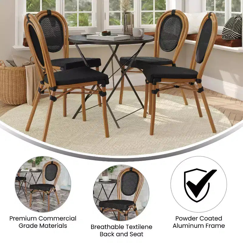Emma & Oliver Massalia, set da quattro sedie impilabili per interni/esterni in stile bistrot Thonet con seduta in textilene e struttura in metallo con finitura bambù