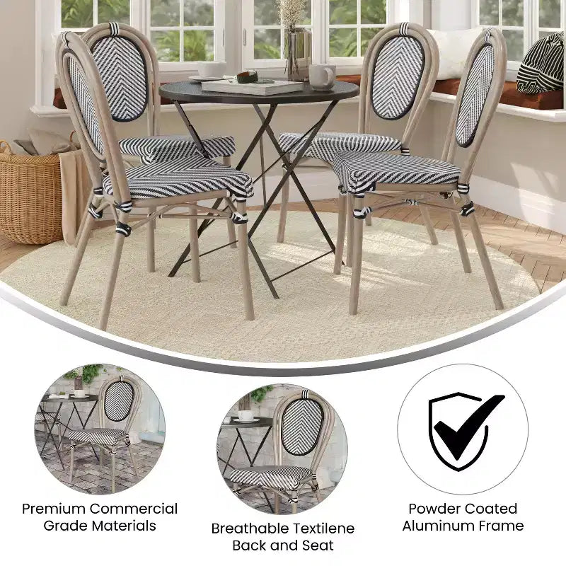 Emma & Oliver Massalia, set da quattro sedie impilabili per interni/esterni in stile bistrot Thonet con seduta in textilene e struttura in metallo con finitura bambù