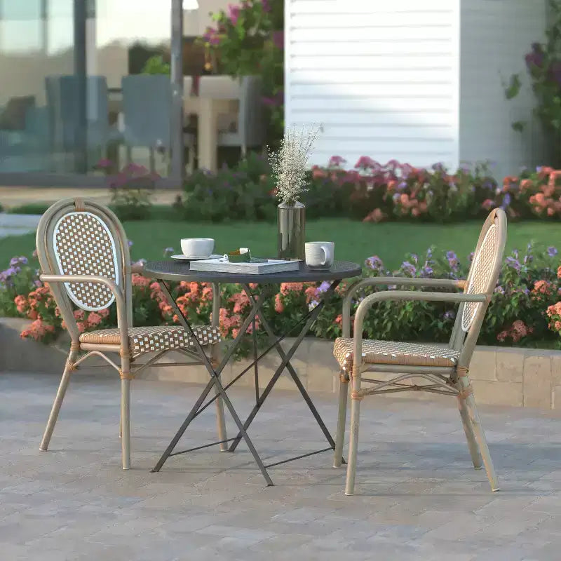 Set di Due Sedie Impilabili con Braccioli Emma & Oliver Colmar Stile Bistrot Thonet da Interno/Esterno, Seduta in Rattan PE e Struttura in Metallo