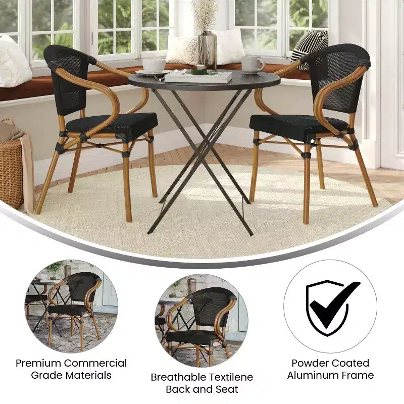 Merrick Lane Mael Set di Due Sedie Impilabili in Stile Bistrò Thonet con Braccioli, Seduta in Textilene e Telaio in Metallo con Finitura Bambù per Interni/Esterni