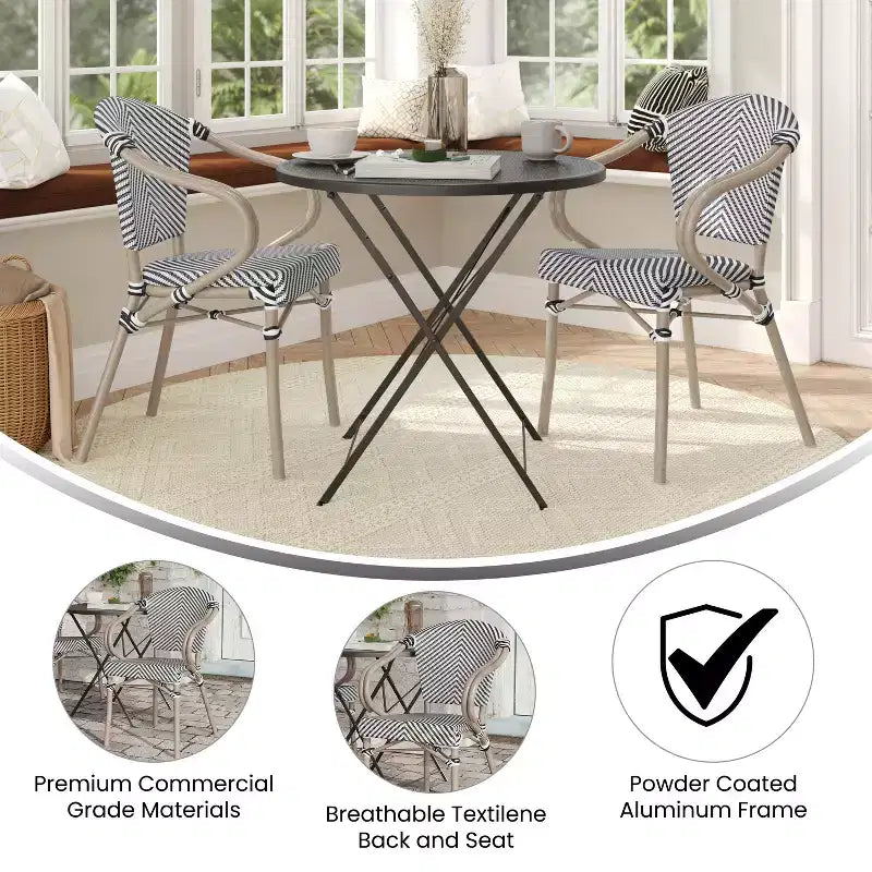 Merrick Lane Mael Set di Due Sedie Impilabili in Stile Bistrò Thonet con Braccioli, Seduta in Textilene e Telaio in Metallo con Finitura Bambù per Interni/Esterni