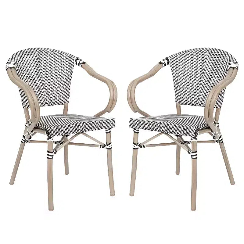 Merrick Lane Mael Set of Two Stacking Thonet Bistro Style Chair with Arms, Textilene Seat, and Bamboo Finished Metal Frame for Indoor/Outdoor Use