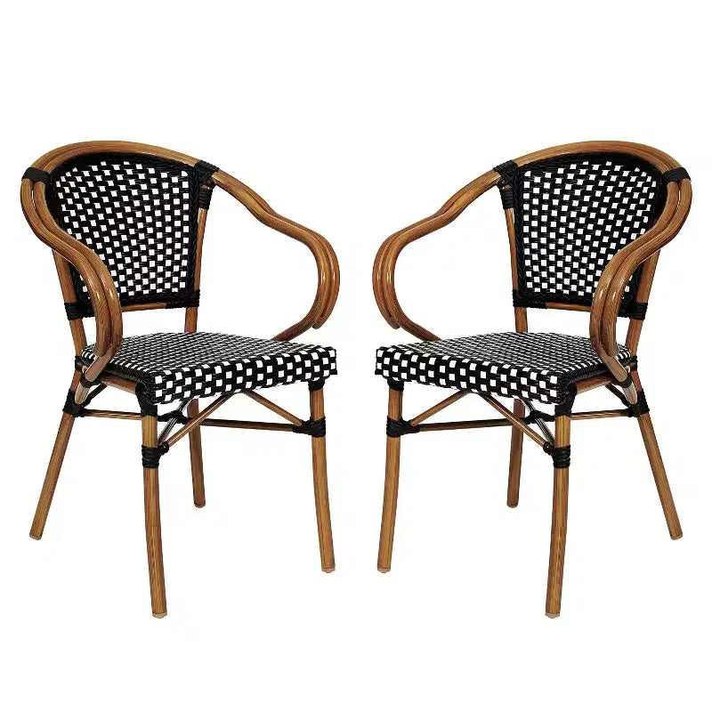 Emma & Oliver Soie Set of Two Indoor/Outdoor Stacking Thonet Bistro Style Chairs with Arms, PE Rattan Seat and Bamboo Finished Metal Frame