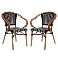 Emma & Oliver Soie Set of Two Indoor/Outdoor Stacking Thonet Bistro Style Chairs with Arms, PE Rattan Seat and Bamboo Finished Metal Frame