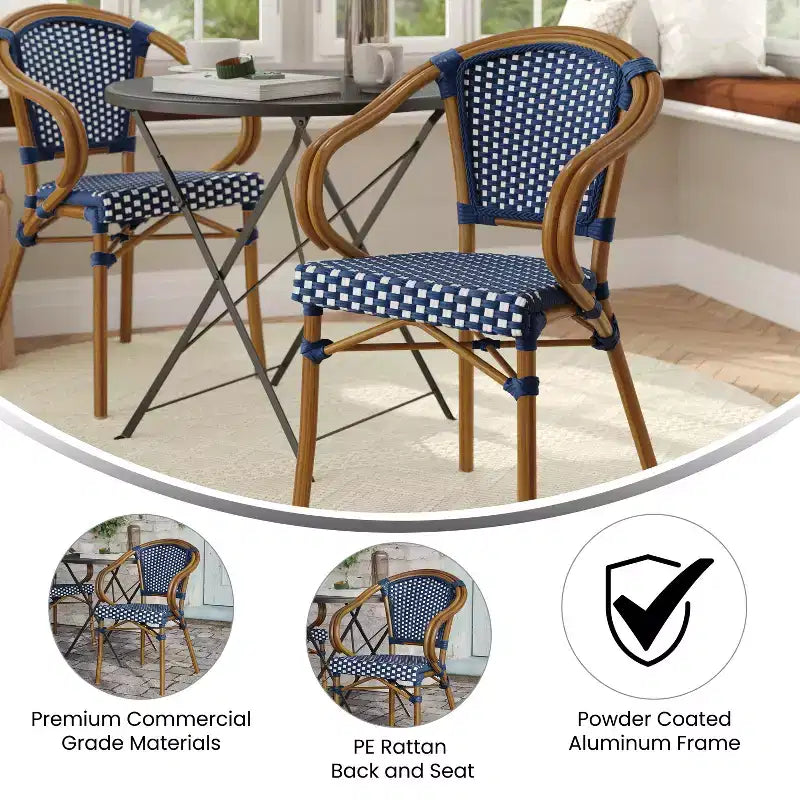Sedia bistrot impilabile per interni/esterni Emma & Oliver Soie stile Thonet con braccioli, seduta in rattan PE e telaio in metallo con finitura bambù