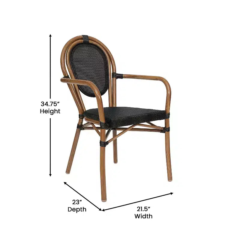 Merrick Lane Mael Set di Quattro Sedie Impilabili in Stile Bistrò Thonet con Braccioli, Seduta in Textilene e Struttura in Metallo Finitura Bambù per Interni/Esterni