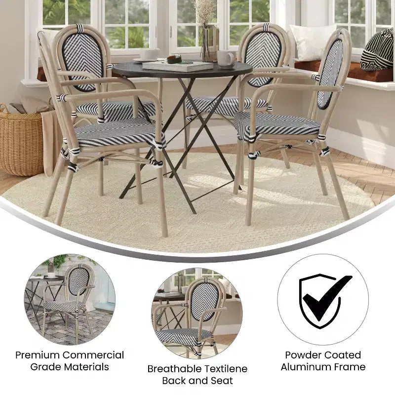 Merrick Lane Mael Set di Quattro Sedie Impilabili in Stile Bistrò Thonet con Braccioli, Seduta in Textilene e Struttura in Metallo Finitura Bambù per Interni/Esterni