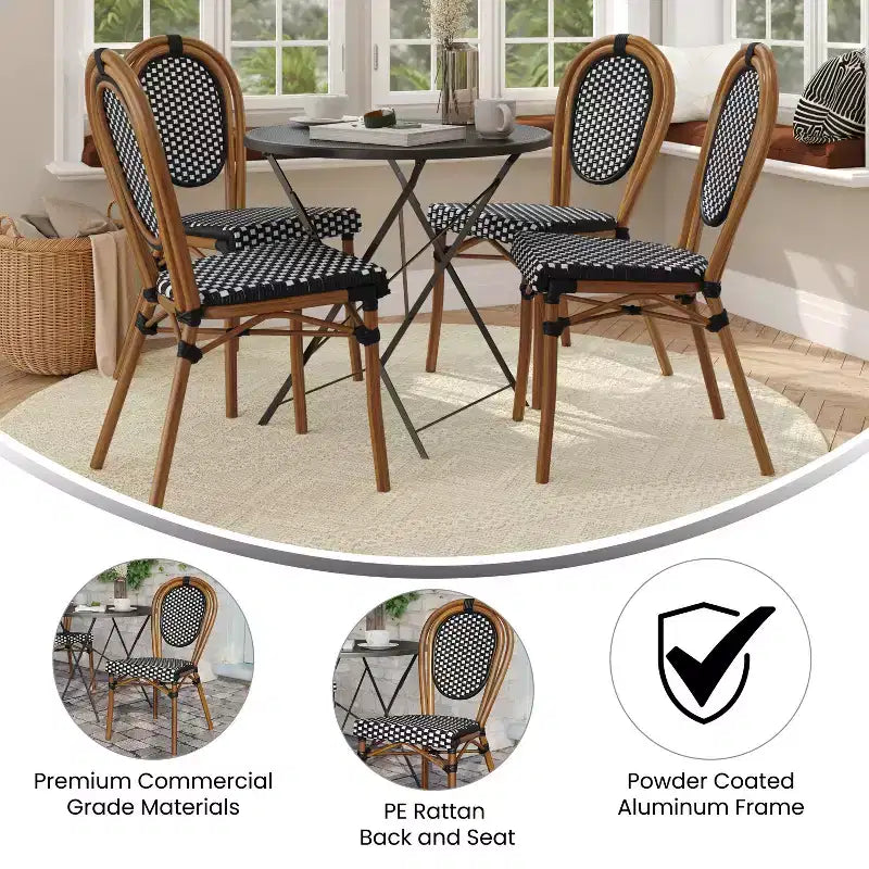 Merrick Lane Celia Set di Quattro Sedie Impilabili in Stile Bistrò Thonet, Seduta in Rattan PE e Struttura in Metallo per Uso Interno/Esterno