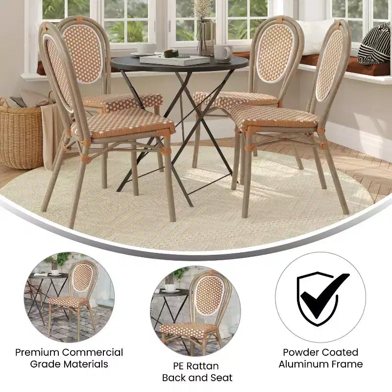 Merrick Lane Celia Set di Quattro Sedie Impilabili in Stile Bistrò Thonet, Seduta in Rattan PE e Struttura in Metallo per Uso Interno/Esterno