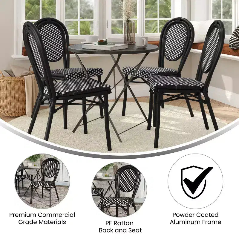 Merrick Lane Celia Set di Quattro Sedie Impilabili in Stile Bistrò Thonet, Seduta in Rattan PE e Struttura in Metallo per Uso Interno/Esterno