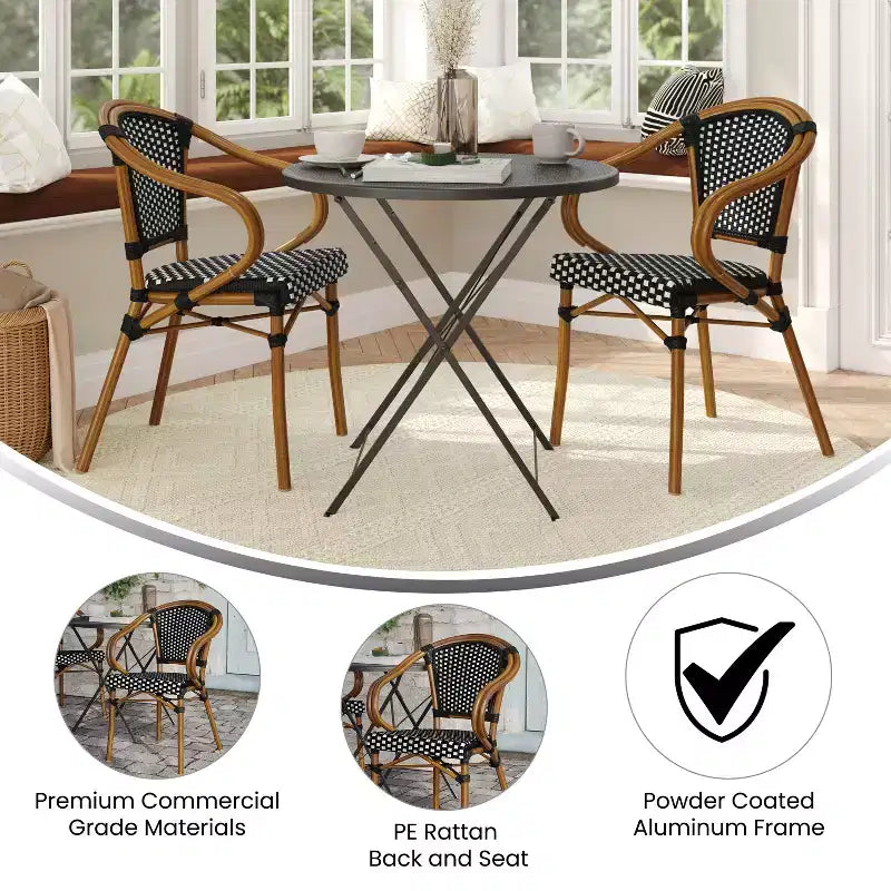 Merrick Lane Sacha - Set di due sedie impilabili in stile bistrot Thonet con braccioli, seduta in rattan PE e struttura in metallo effetto bambù per uso interno/esterno