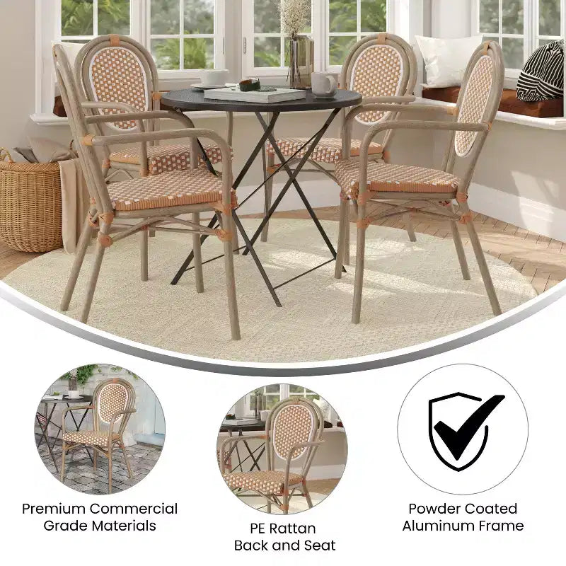 Emma & Oliver Colmar Set di Quattro Sedie da Interno/Esterno Impilabili Stile Bistrot Thonet con Braccioli, Seduta in Rattan PE e Struttura in Metallo Rifinito