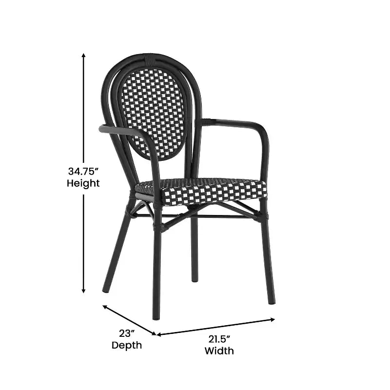 Emma & Oliver Colmar Set di Quattro Sedie da Interno/Esterno Impilabili Stile Bistrot Thonet con Braccioli, Seduta in Rattan PE e Struttura in Metallo Rifinito
