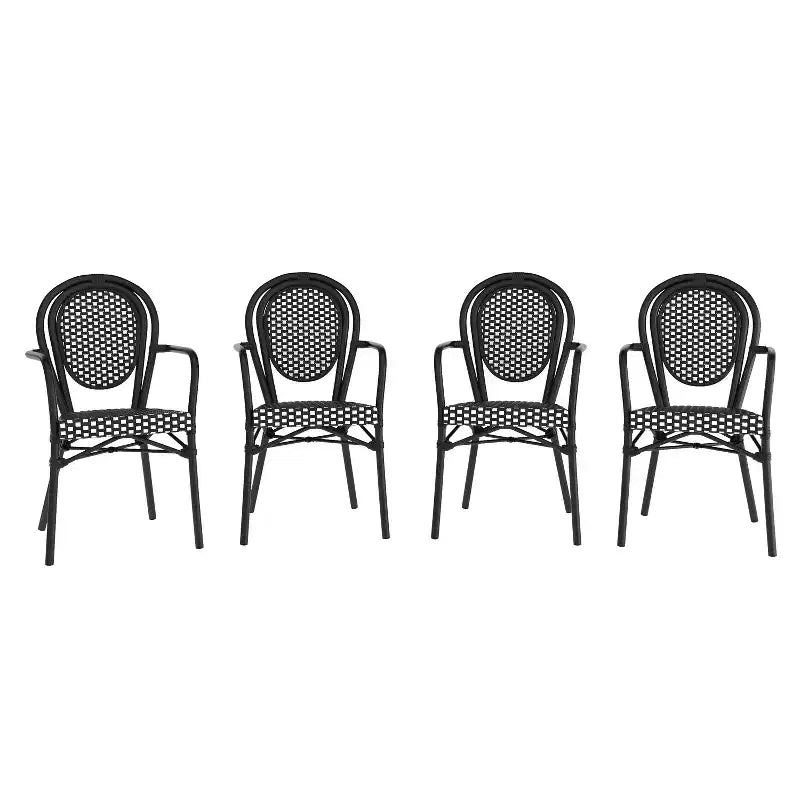 Emma & Oliver Colmar Set di Quattro Sedie da Interno/Esterno Impilabili Stile Bistrot Thonet con Braccioli, Seduta in Rattan PE e Struttura in Metallo Rifinito