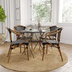 Merrick Lane Sacha Set di Quattro Sedie Impilabili Stile Thonet con Braccioli, Seduta in Rattan PE e Struttura in Metallo Effetto Bambù per Interni/Esterni
