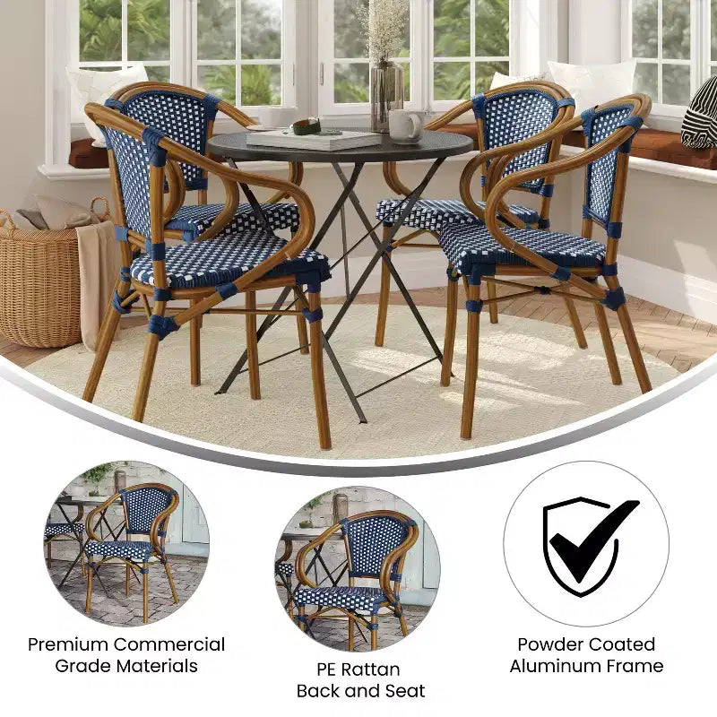 Merrick Lane Sacha Set di Quattro Sedie Impilabili Stile Thonet con Braccioli, Seduta in Rattan PE e Struttura in Metallo Effetto Bambù per Interni/Esterni