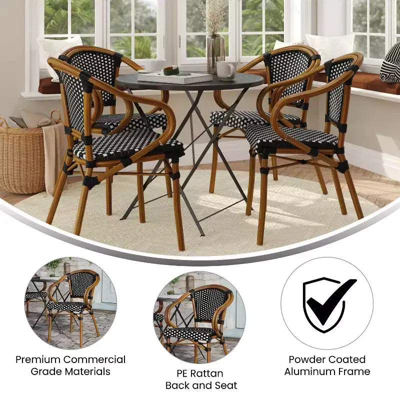 Merrick Lane Sacha Set di Quattro Sedie Impilabili Stile Thonet con Braccioli, Seduta in Rattan PE e Struttura in Metallo Effetto Bambù per Interni/Esterni