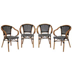 Merrick Lane Sacha Set of Four Stacking Thonet Bistro Style Chair with Arms, PE Rattan Seat, and Bamboo Metal Frame for Indoor/Outdoor Use