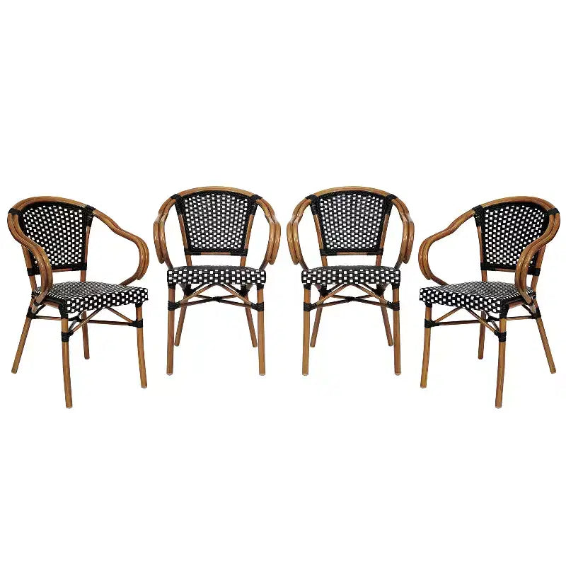 Merrick Lane Sacha Set of Four Stacking Thonet Bistro Style Chair with Arms, PE Rattan Seat, and Bamboo Metal Frame for Indoor/Outdoor Use