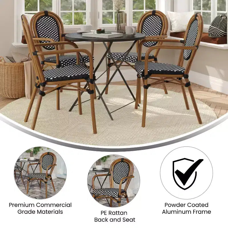 Merrick Lane Celia Set di quattro sedie impilabili in stile bistrot Thonet con braccioli, seduta in rattan PE e telaio in metallo per uso interno/esterno