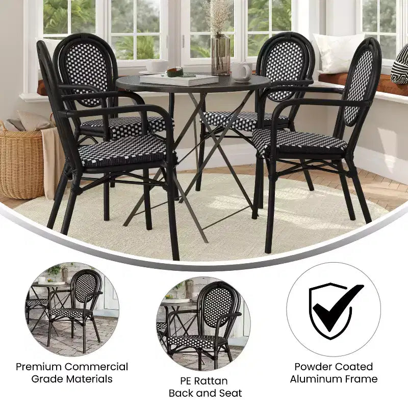 Merrick Lane Celia Set di quattro sedie impilabili in stile bistrot Thonet con braccioli, seduta in rattan PE e telaio in metallo per uso interno/esterno